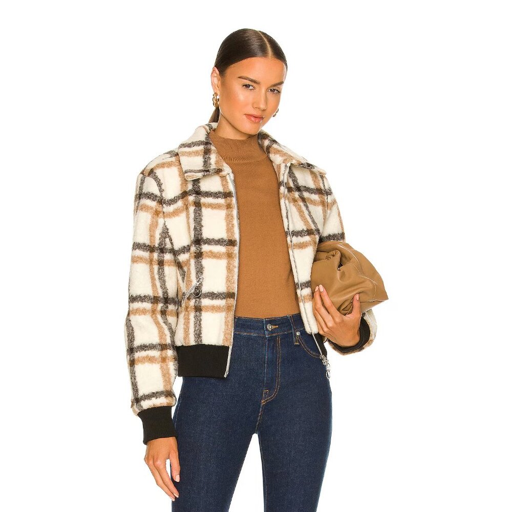 JONATHAN SIMKHAI Pia Jacket In Ivory - Camel Plaid Sherpa